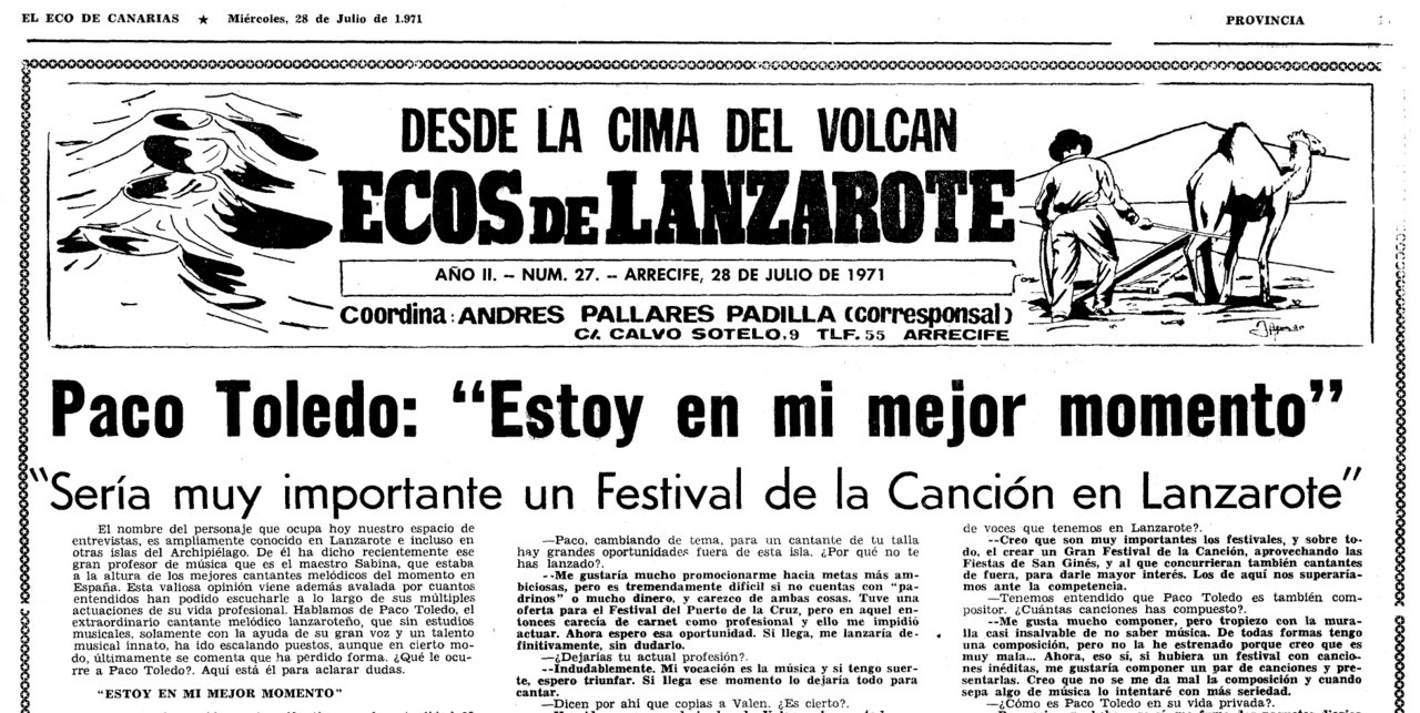 Paco Toledo, un gran intérprete, reivindica un festival de la canción en El Eco de Canarias en 1971.