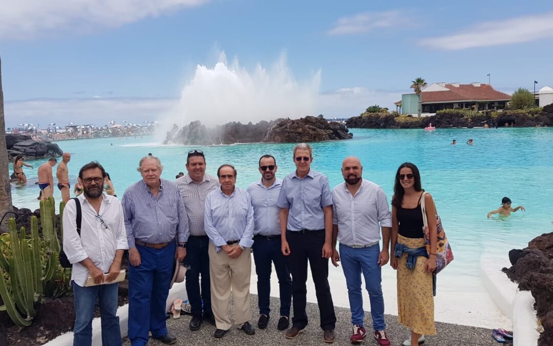 Los ingenieros, el autor, el alcalde, y representantes de la FCM en el Lago Martiánez en 2019.