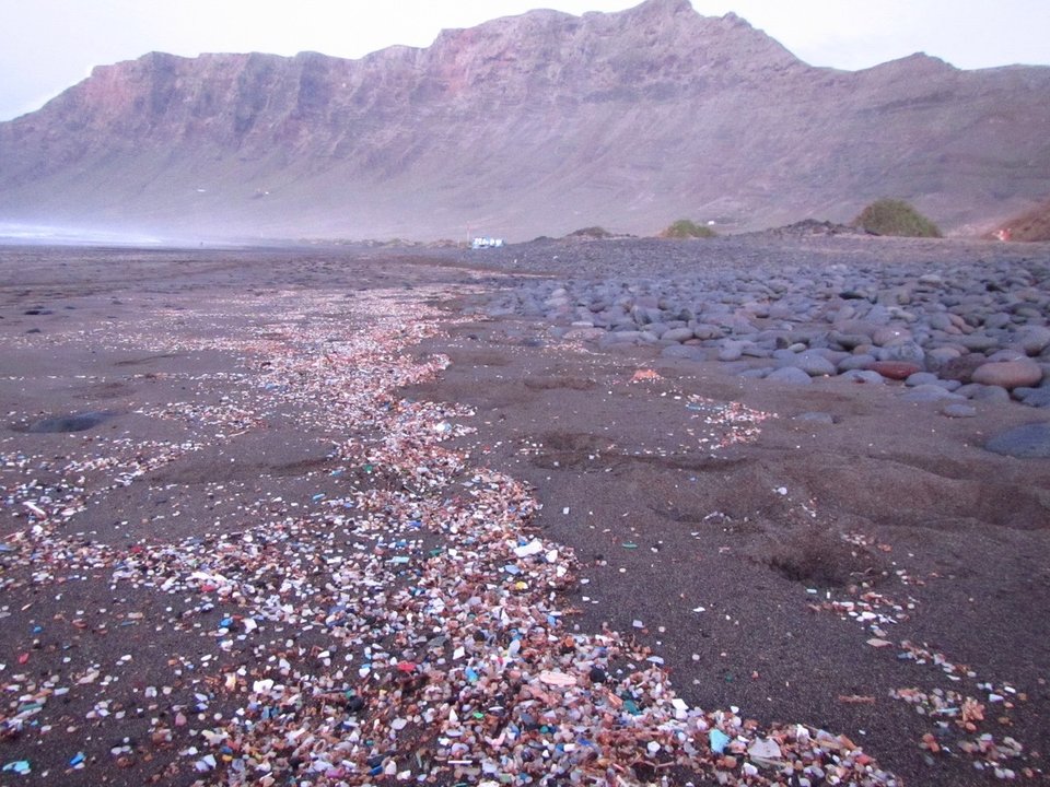 Playa de Famara, Lanzarote, donde se aprecian microplásticos y pellets. Autor: Alicia Herrera.