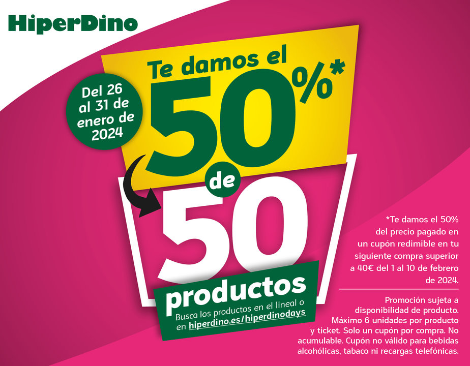 HiperDino lanza una promoción de 50 productos al 50% en una selección de productos.