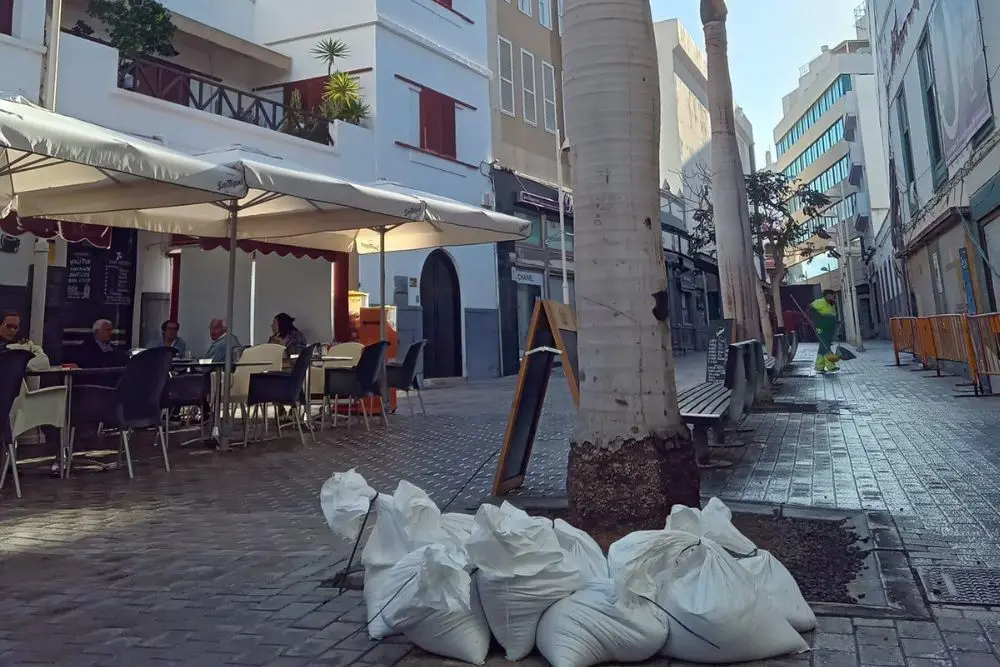 Sacos de arena contra posibles inundaciones en Arrecife