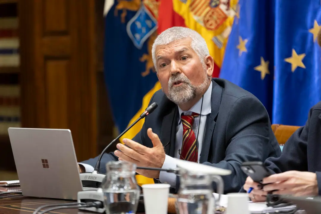 El profesor honorario de Geografía Humana de la Universidad de La Laguna, José León García, durante su intervención en la comisión del reto demográfico y el equilibrio poblacional en Canarias del Parlamento. EFE/Miguel Barreto.