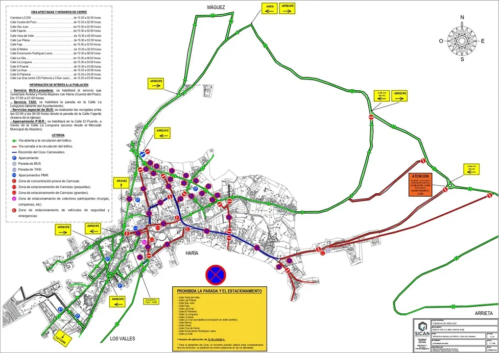 Imagen del mapa de las calles cerradas para el Carnaval de Haría