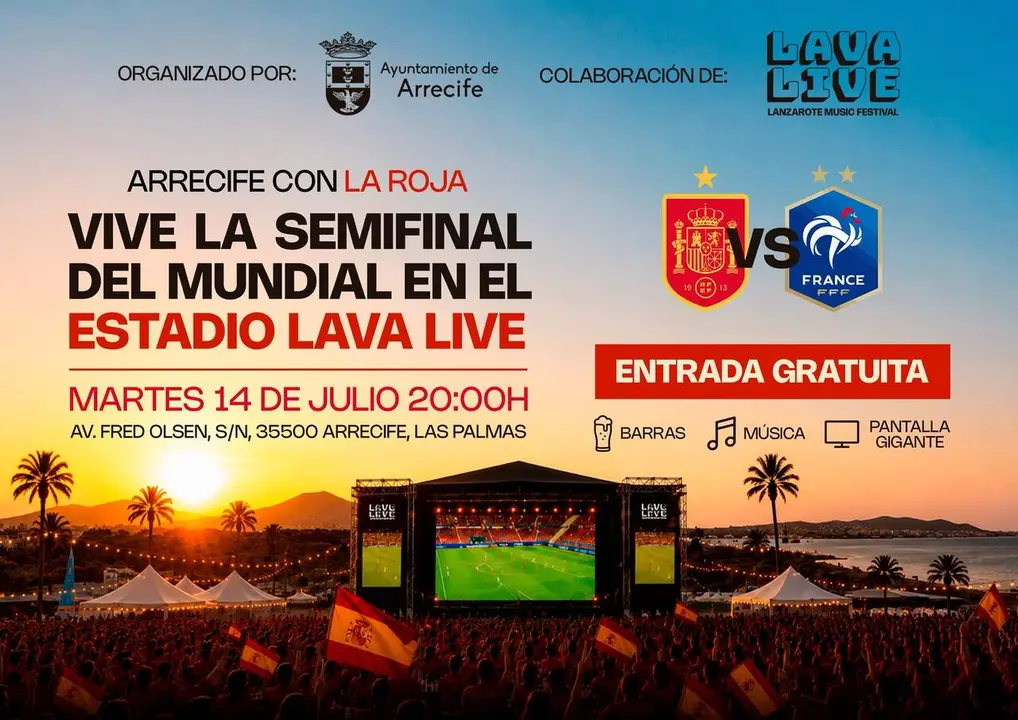 El Ayuntamiento de Arrecife organiza, con la colaboraci&oacute;n del Lava Live, esta gran quedada para seguir en pantallas gigantes esta emocionante semifinales del mundial 2026