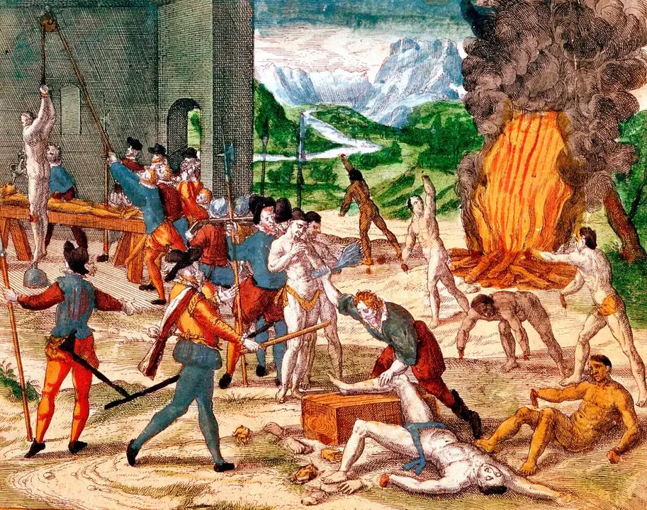 Conquistadores espa&ntilde;oles torturando a los indigenes