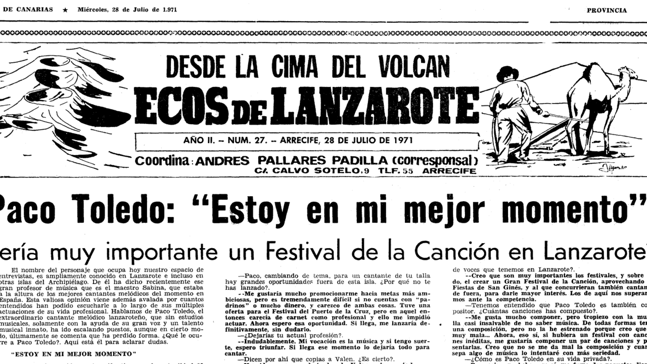 Paco Toledo, un gran intérprete, reivindica un festival de la canción en El Eco de Canarias en 1971.