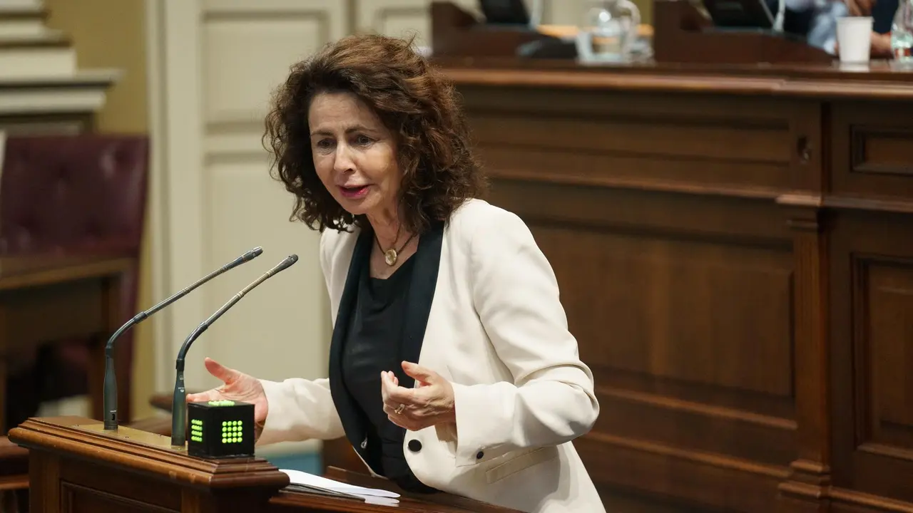 La consejera de Hacienda y Relaciones con la Unión Europea del Gobierno de Canarias, Matilde Asián, durante el pleno del Parlamento de Canarias.