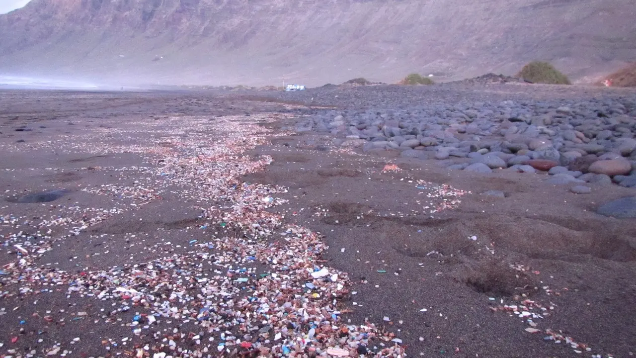 Playa de Famara, Lanzarote, donde se aprecian micropl&aacute;sticos y pellets. Autor: Alicia Herrera.