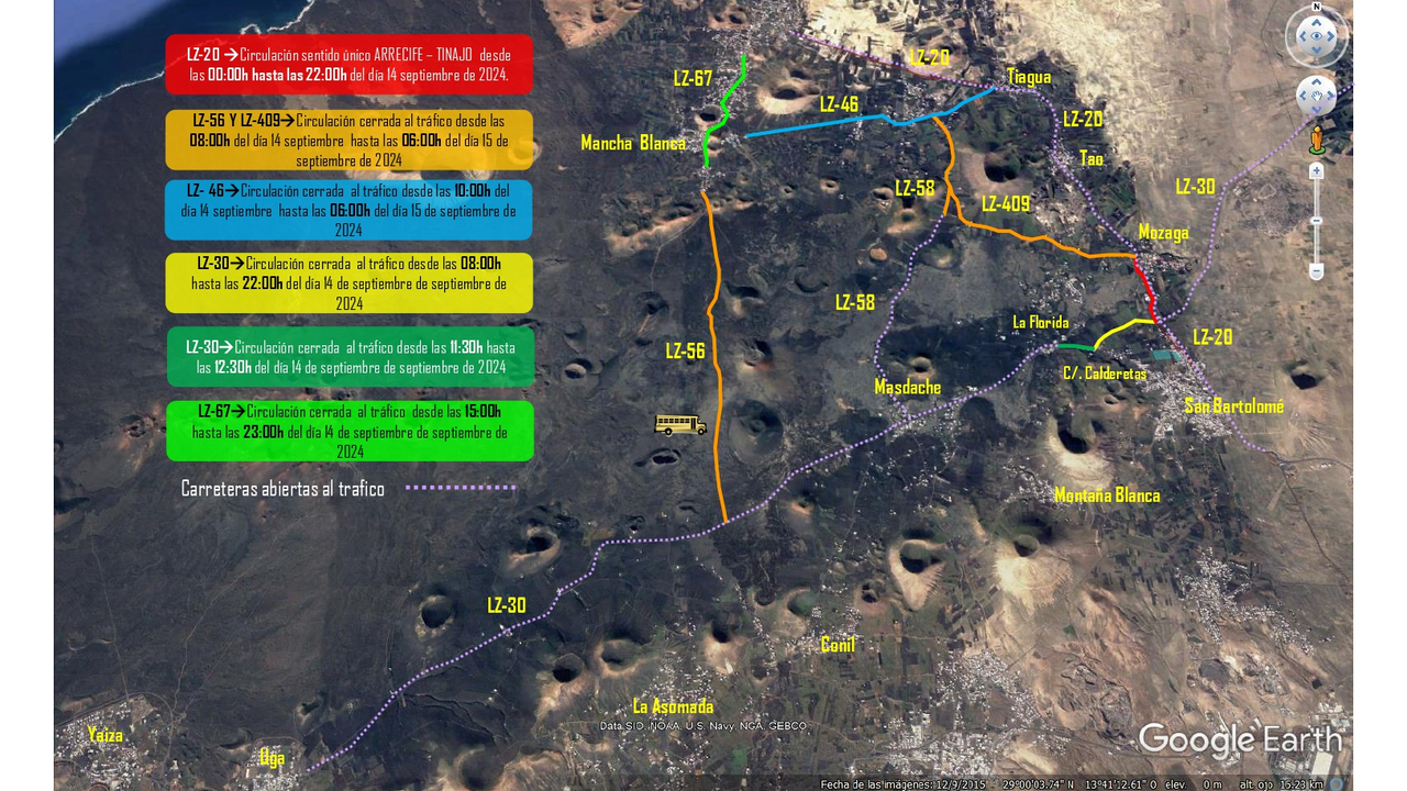 Mapa con los cortes de las carreteras.