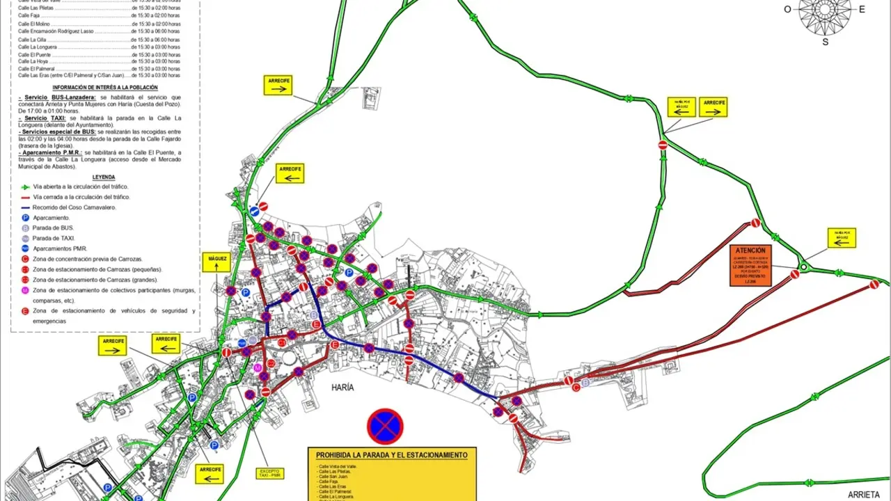 Imagen del mapa de las calles cerradas para el Carnaval de Haría