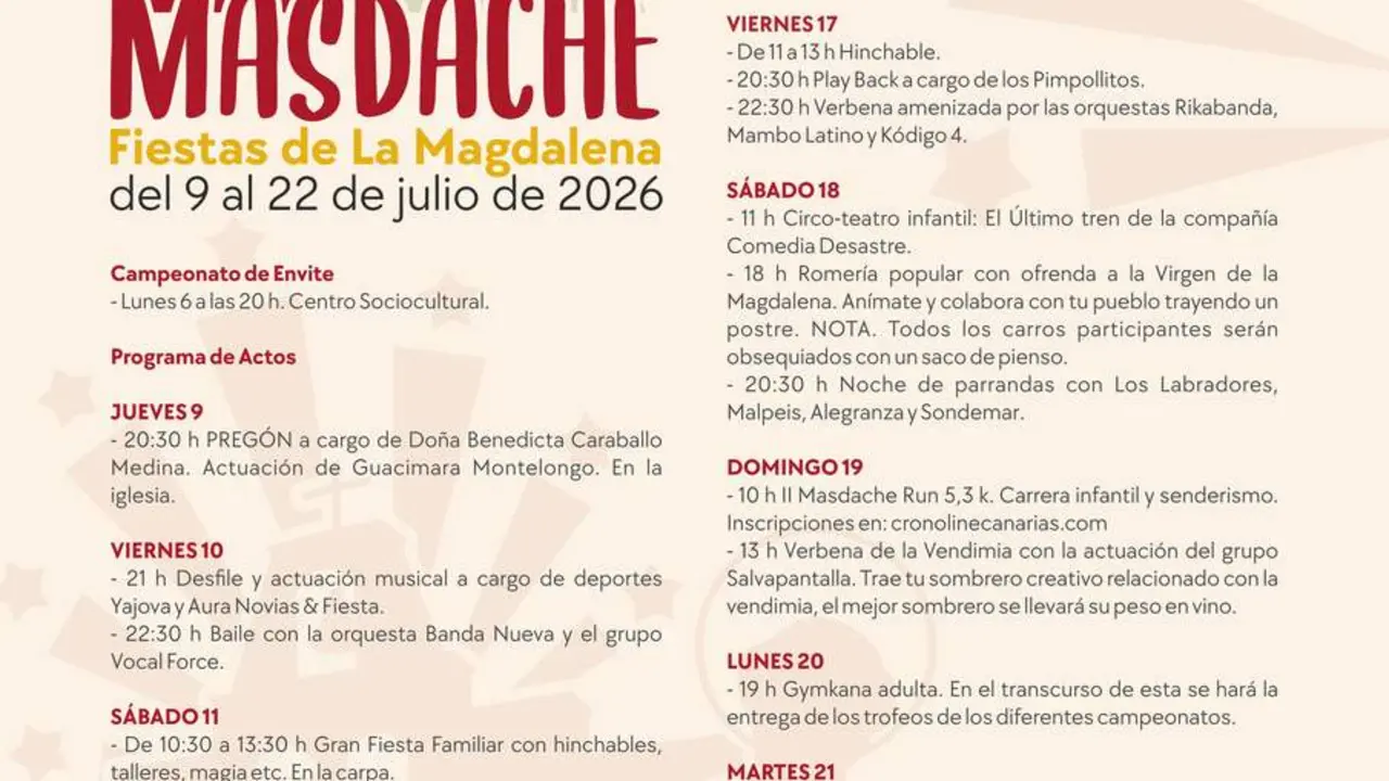 9 jul Programa Fiestas de La Magdalena Masdache 2026