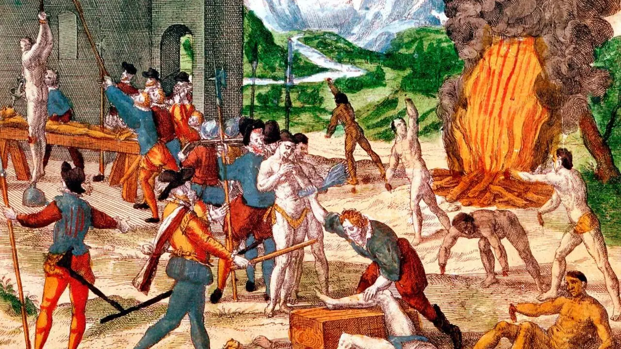 Conquistadores espa&ntilde;oles torturando a los indigenes