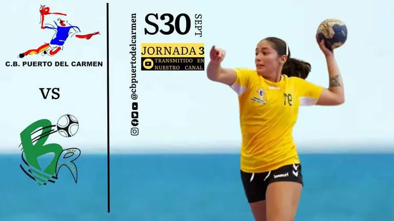 Cartel del partido del CB Puerto del Carmen frente al Rocasa.