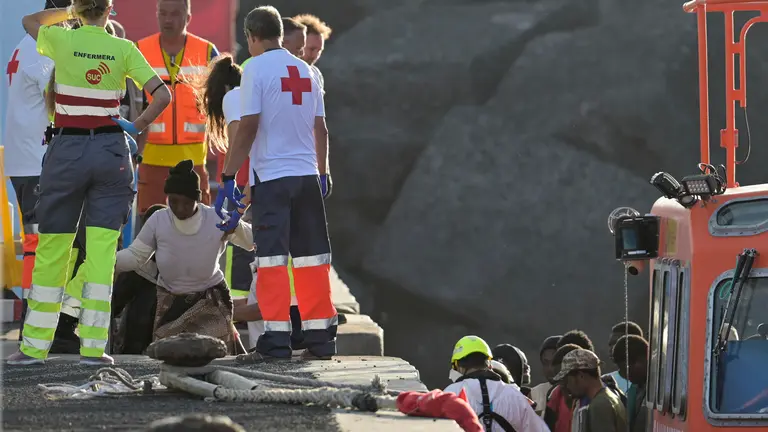 Llegada de los 56 inmigrantes rescatados por la embarcación de Salvamento Marítimo, Salvamar Adhara, a 60 millas de a El Hierro, y trasladados al puerto de La Restinga, en el municipio de El Pinar, (El Hierro), para ser atendidos por los equipos de Emergencias. EFE/ Gelmert Finol.