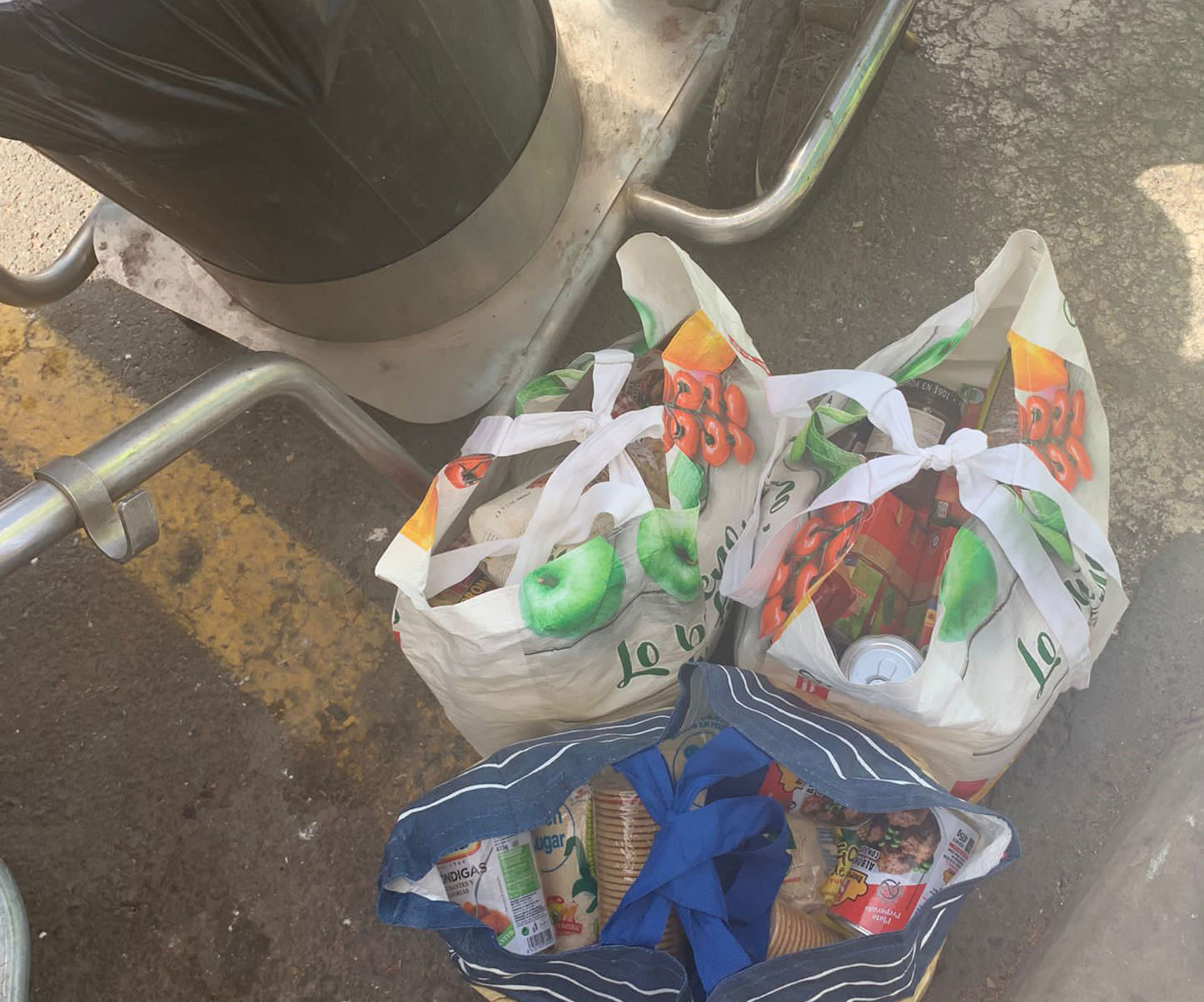 Bolsas de comida al lado de unos contenedores en Arrecife